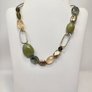 Sigrid Olsen Stone Metal Chunky Link Necklace Gold Tone Green Earth Tones Boho